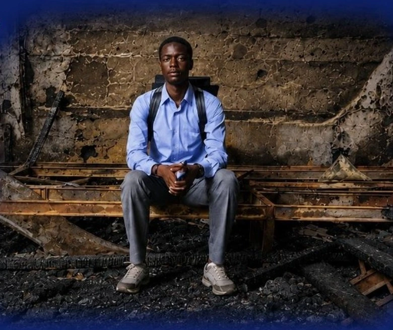Élève assis dans le studio Télé École incendié
